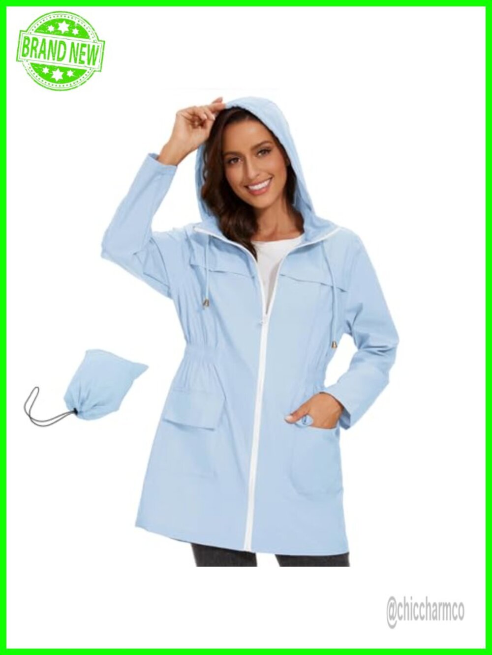 Waterproof Packable Rain Jacket Hooded Long Windbreaker Lightweight